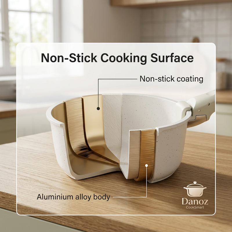 🍳 Danoz CookSmart - FlavorStone 5-Piece Non-Stick Cookware Set | Detachable Handle & Stackable Storage | Black or White | Free Postage!