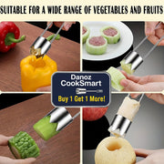 Collage of a kitchen tool being used on various vegetables and fruits with text 'Suitable for a wide range of vegetables and fruits'.