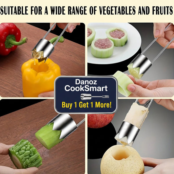 Collage of a kitchen tool being used on various vegetables and fruits with text 'Suitable for a wide range of vegetables and fruits'.