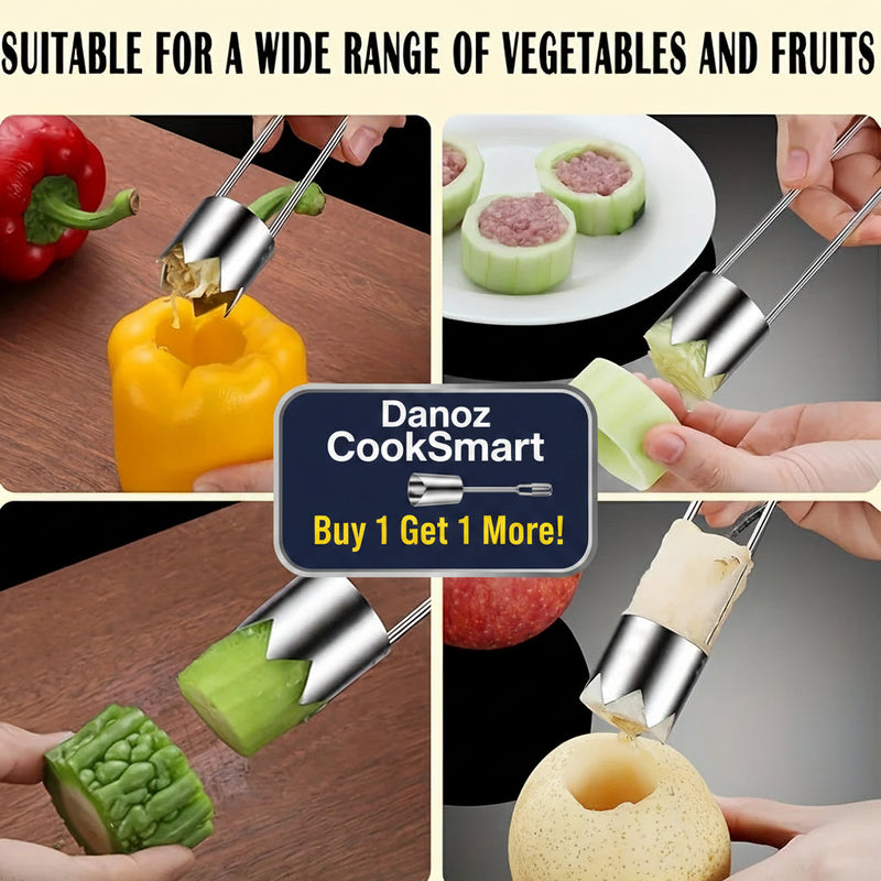 Collage of a kitchen tool being used on various vegetables and fruits with text 'Suitable for a wide range of vegetables and fruits'.