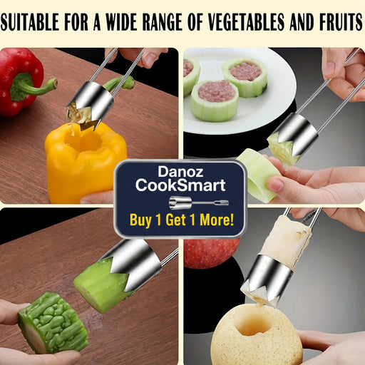 Collage of a kitchen tool being used on various vegetables and fruits with text 'Suitable for a wide range of vegetables and fruits'.