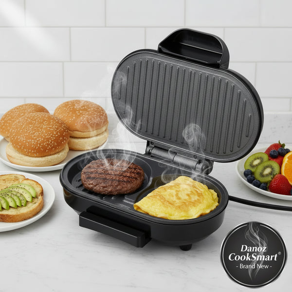 Black double-sided grill on a white background