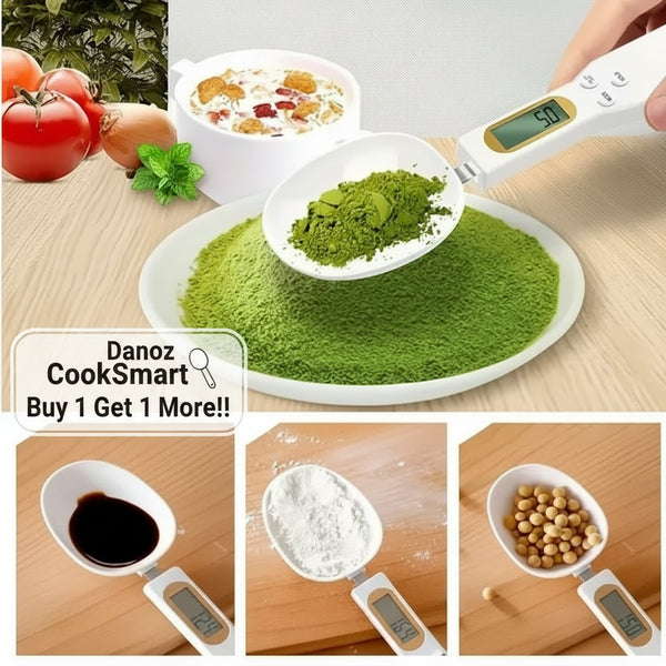 Digital kitchen scale measuring various ingredients on a wooden surface.