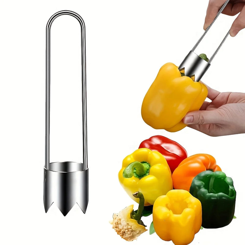 Pepper corer being used on a yellow bell pepper with other colored bell peppers below.