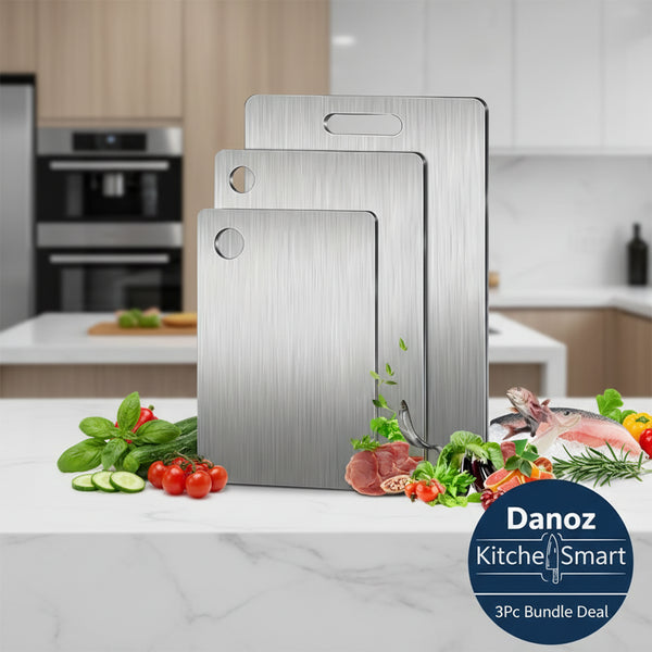 Three stainless steel cutting boards with '3pcs' text, surrounded by food images on a white background.