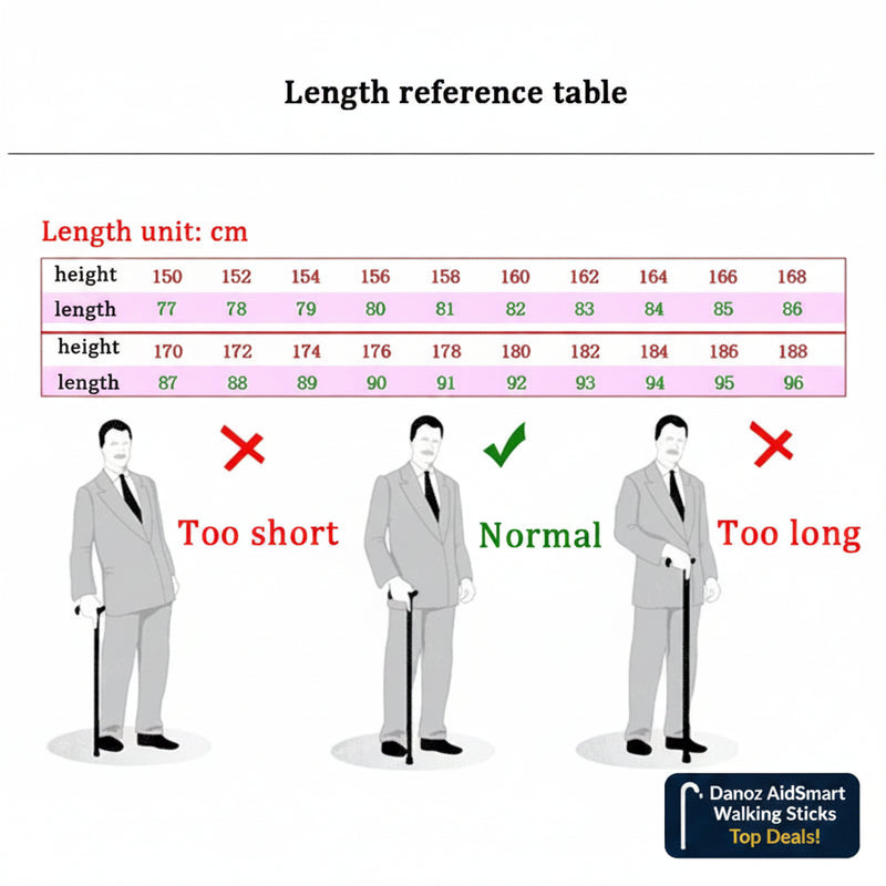 Length reference table with height and length measurements, accompanied by illustrations of people using canes to indicate appropriate and inappropriate lengths.
