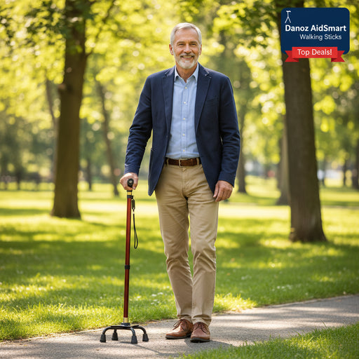Multifunctional walking stick with adjustable bases on a white background