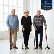 Three walking sticks with adjustable features on a white background