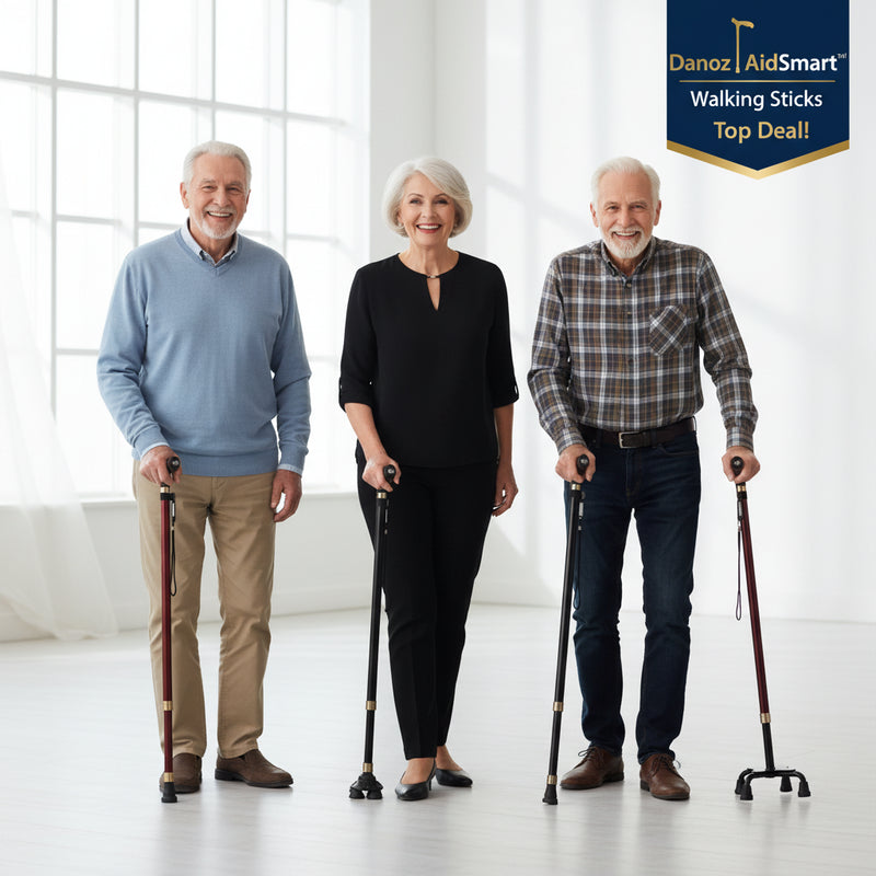 Three walking sticks with adjustable features on a white background