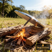 Metal fire starter device on a pile of wood with flames in a natural setting