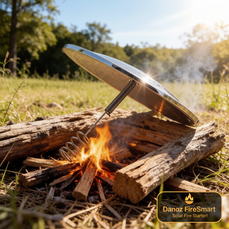 Metal fire starter device on a pile of wood with flames in a natural setting