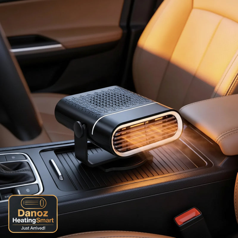 Car heater placed on a car's dashboard with interior visible