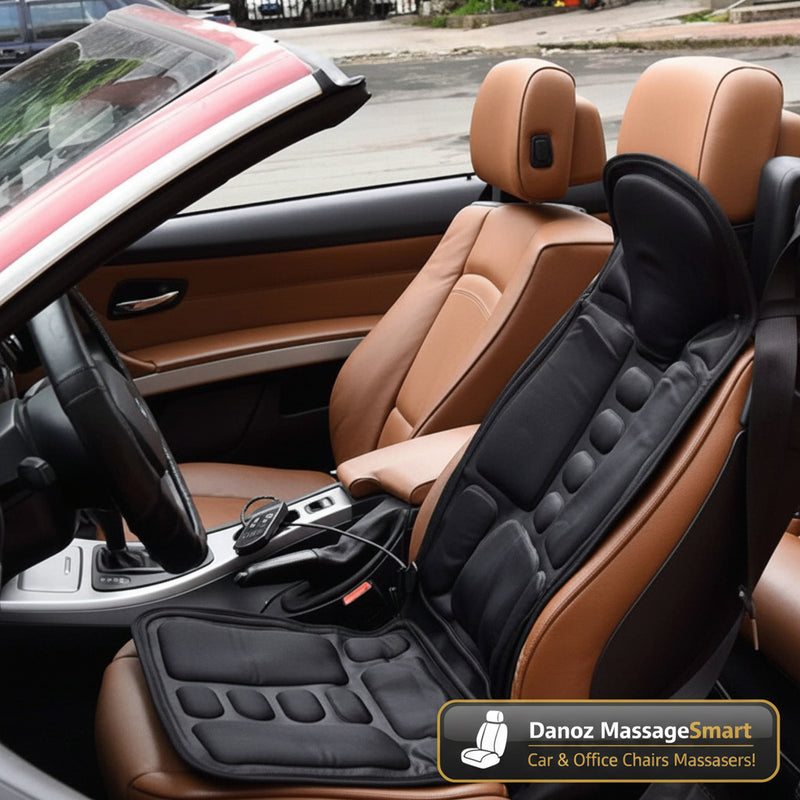 Car interior with a black massage seat pad on brown leather seats.