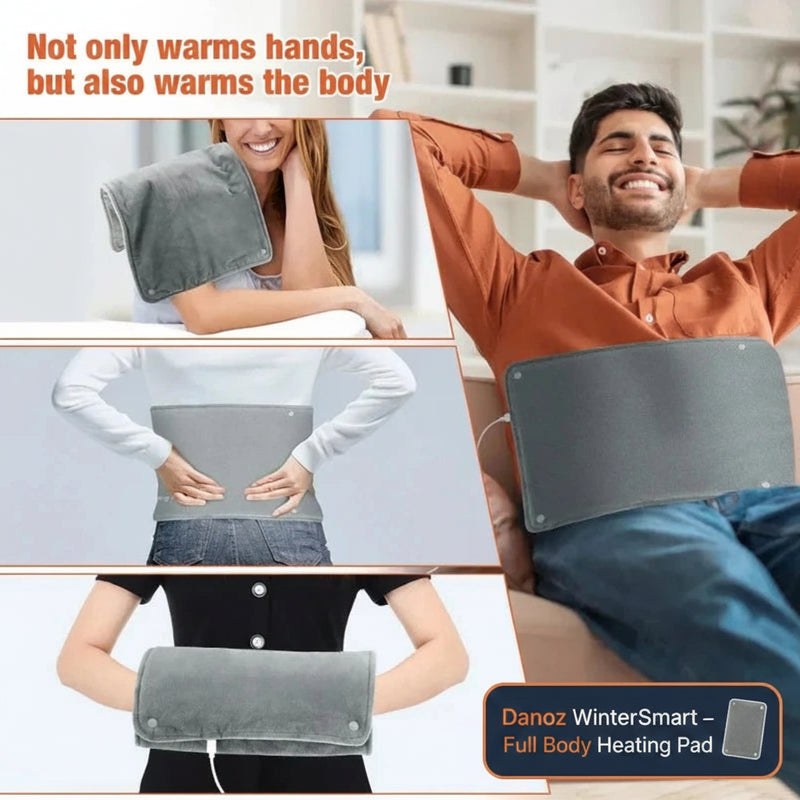 People using a gray heating pad in various settings with text indicating its benefits.