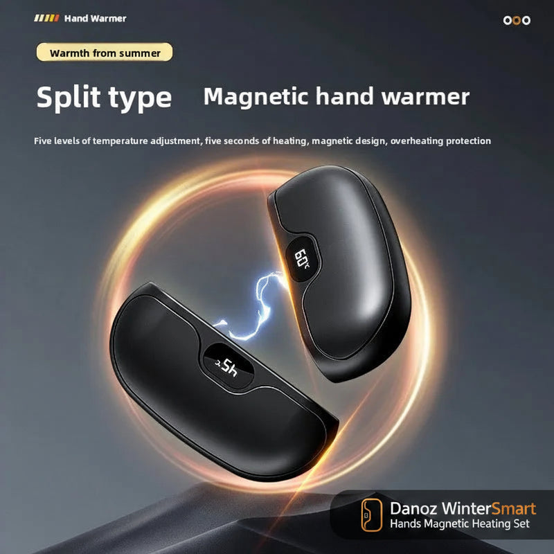 Magnetic hand warmer with temperature display on a dark background