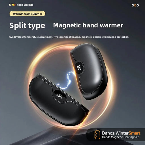 Magnetic hand warmer with temperature display on a dark background