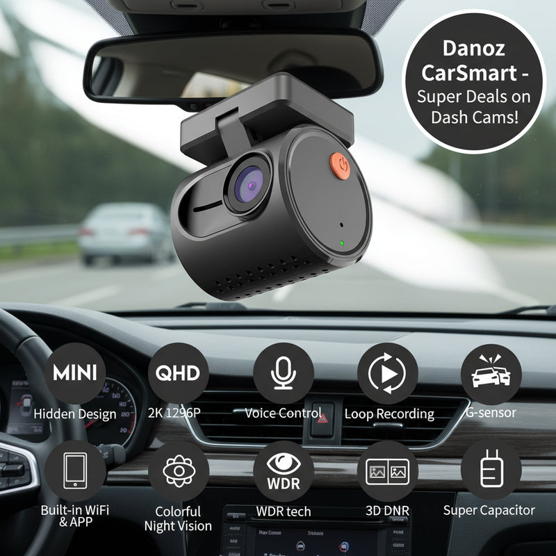 Car dashboard camera with features listed on a gray background