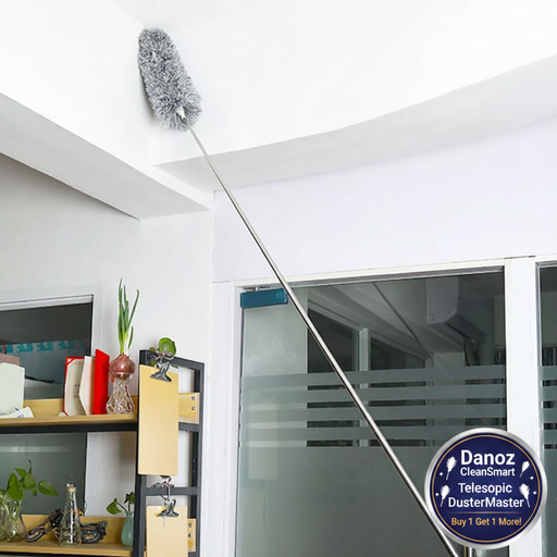 A gray microfiber duster with a stainless steel telescopic pole, labeled 'Buy One - Get One'.