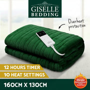 A green Giselle Bedding electric throw rug with a digital controller displaying a LED temperature readout, emphasizing features such as a 12-hour timer, 10 heat settings, and overheat protection.