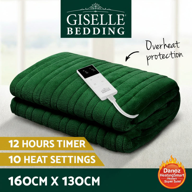A green Giselle Bedding electric throw rug with a digital controller displaying a LED temperature readout, emphasizing features such as a 12-hour timer, 10 heat settings, and overheat protection.