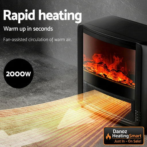 Black electric heater with fiery interior and text highlighting rapid heating on a dark background