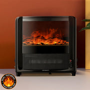 Black electric fireplace with glowing flames on a brown background