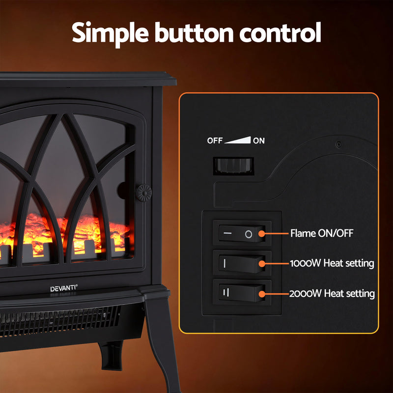 Danoz HeatingSmart - Devanti 2000W Electric Fireplace Heater Stove Freestanding 3D Flame Effect Indoor Space Heaters