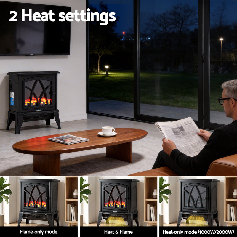 Danoz HeatingSmart - Devanti 2000W Electric Fireplace Heater Stove Freestanding 3D Flame Effect Indoor Space Heaters