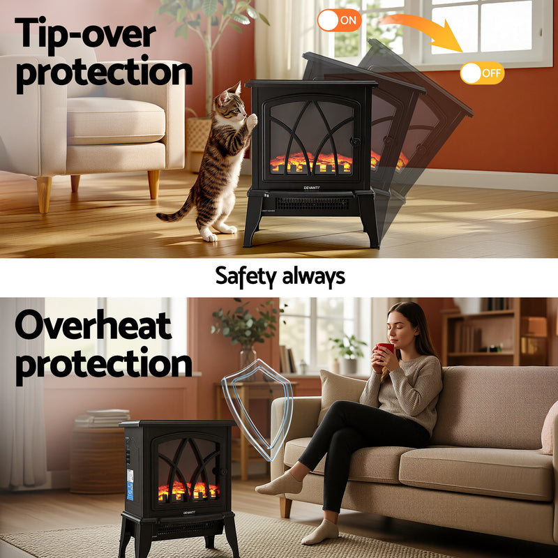 Danoz HeatingSmart - Devanti 2000W Electric Fireplace Heater Stove Freestanding 3D Flame Effect Indoor Space Heaters