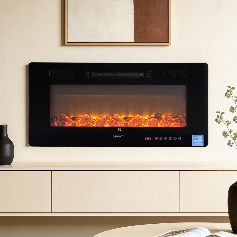 Danoz HeatingSmart - Devanti Electric Fireplace Fire Heater Wall Mounted Insert 3D Flame 1800W Remote Control