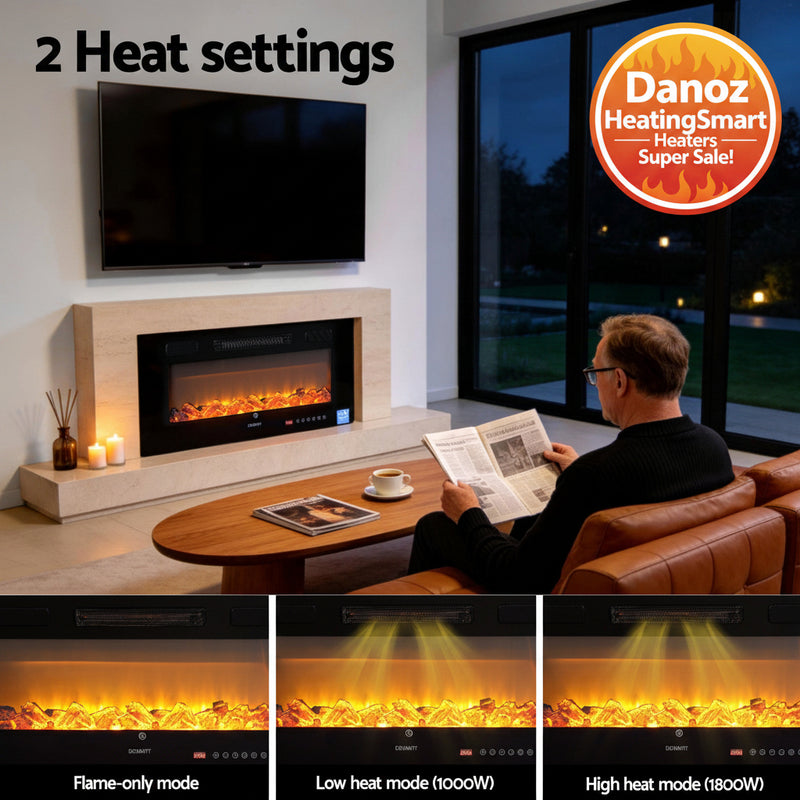 Living room with electric fireplace, man reading newspaper, and heat mode illustrations.