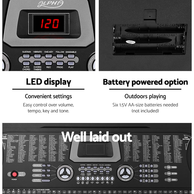 Danoz Music - Alpha 61 Keys Electronic Piano Keyboard Digital Electric w/ Stand Beginner Black- Incl. Delivery