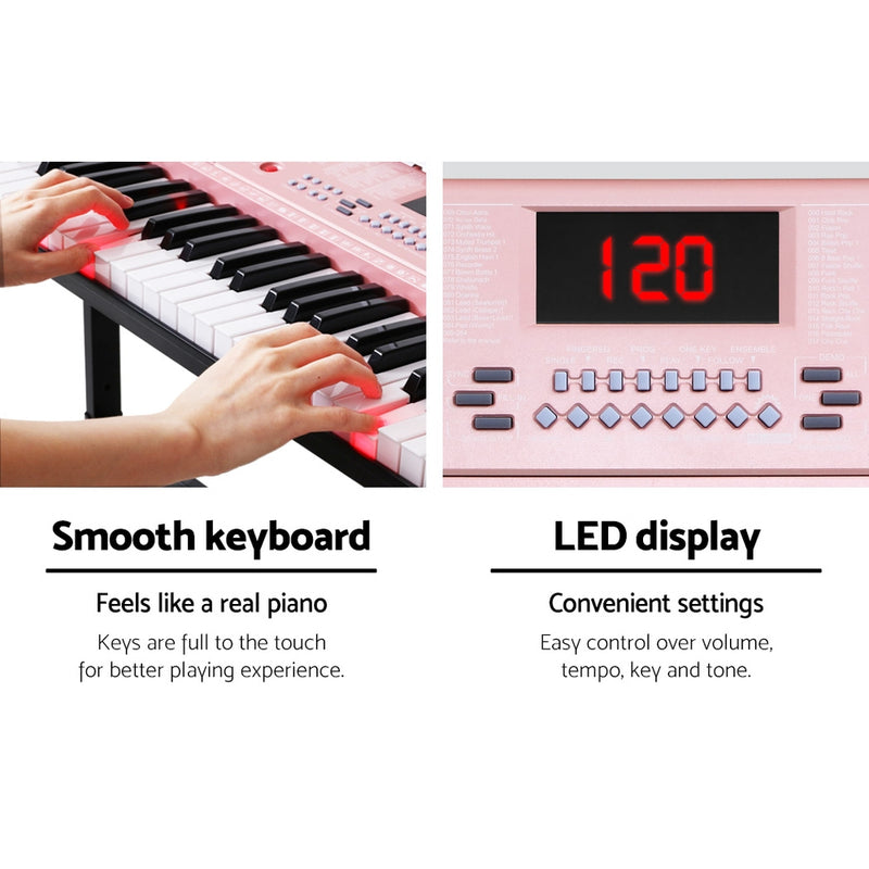 Danoz Music - Alpha 61 Keys Electronic Piano Keyboard Digital Electric w/ Stand Lighted Pink- Incl. Delivery