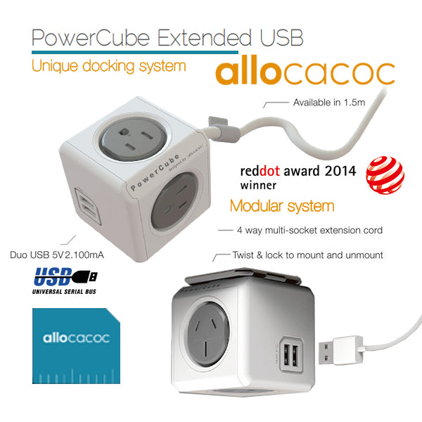 Danoz Smart - Allocacoc PowerCube Extended USB Powerboard 4-Outlets 2 USB Ports Grey-White 1.5m