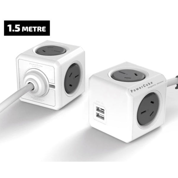 Danoz Smart - Allocacoc PowerCube Extended USB Powerboard 4-Outlets 2 USB Ports Grey-White 1.5m