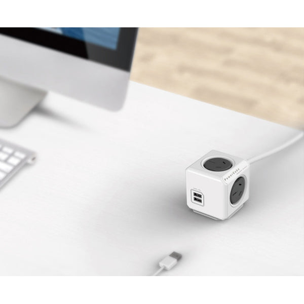 Danoz Smart - Allocacoc PowerCube Extended USB Powerboard 4-Outlets 2 USB Ports Grey-White 1.5m