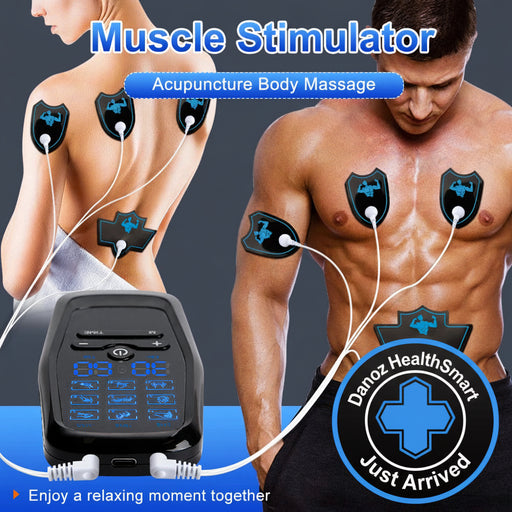 Muscle stimulator device with electrodes on a person's body, showing acupuncture body massage.