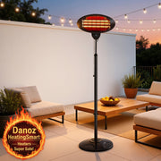 Outdoor patio heater on a patio with furniture and plants