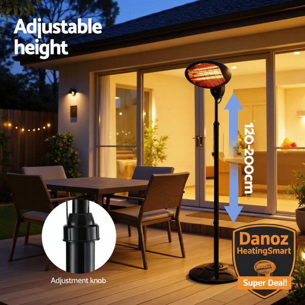 Outdoor patio heater with adjustable height feature on a deck area.
