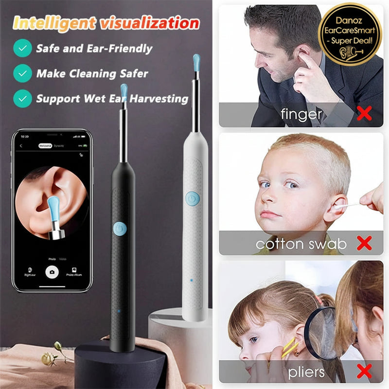 Electric ear cleaning tool with smartphone app, safe ear cleaning features, and usage scenarios.