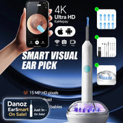 Smart visual ear pick with phone app, multiple tips, and charging base on a dark background