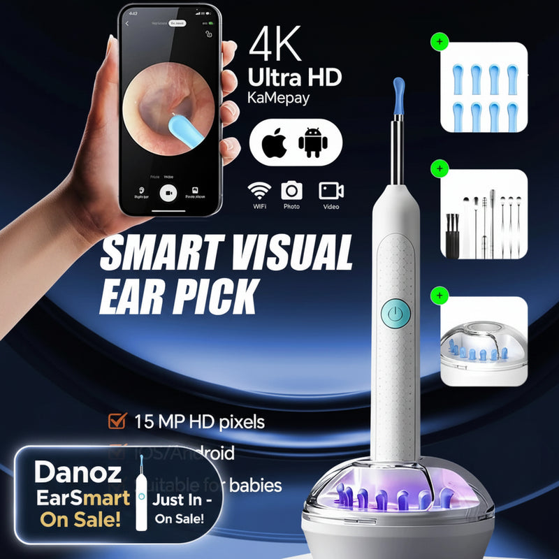 Smart visual ear pick with phone app, multiple tips, and charging base on a dark background