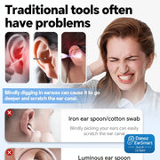 Diagram showing ear cleaning tools and their potential issues with text explaining problems with traditional methods.