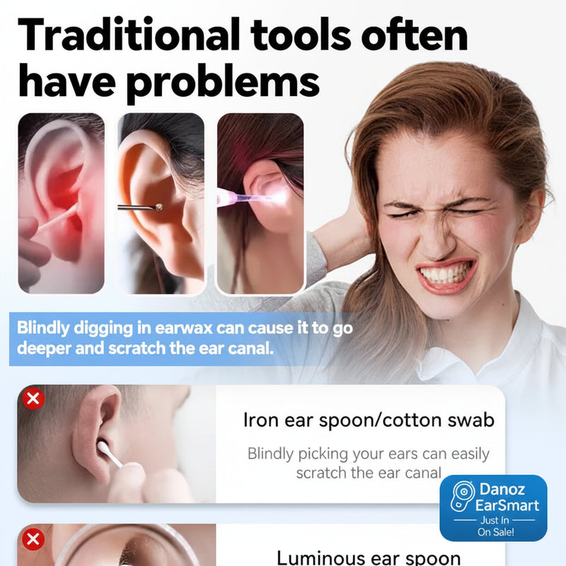 Diagram showing ear cleaning tools and their potential issues with text explaining problems with traditional methods.