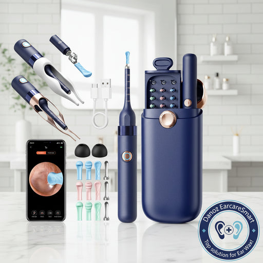 Set of ear cleaning tools including a blue handheld device, attachments, and a smartphone app displayed.