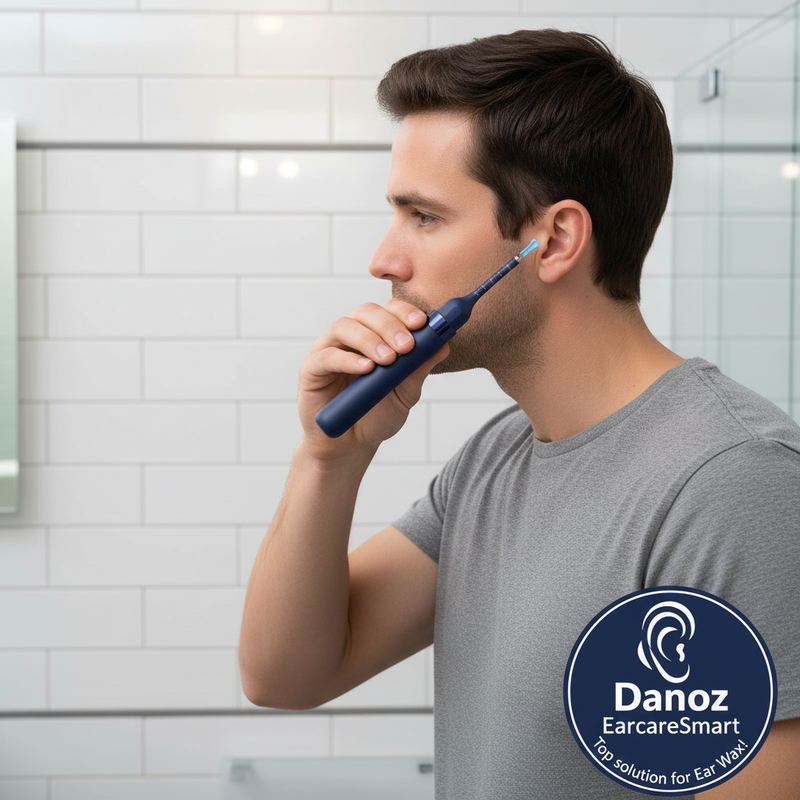Set of ear cleaning tools including a blue handheld device, attachments, and a smartphone app displayed.
