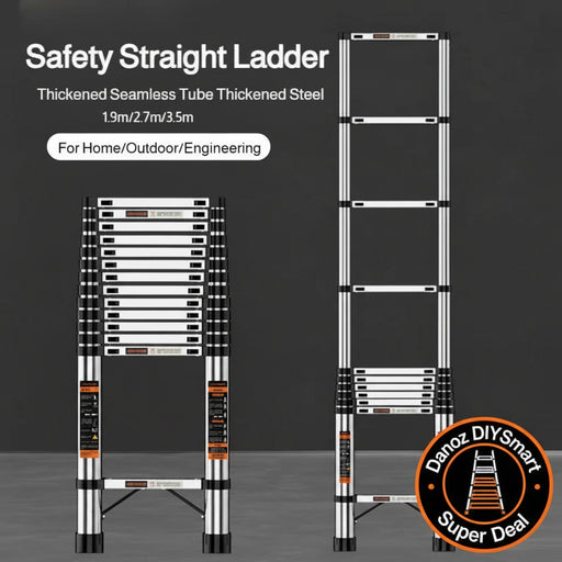 Safety straight ladder with labeled dimensions on a dark background