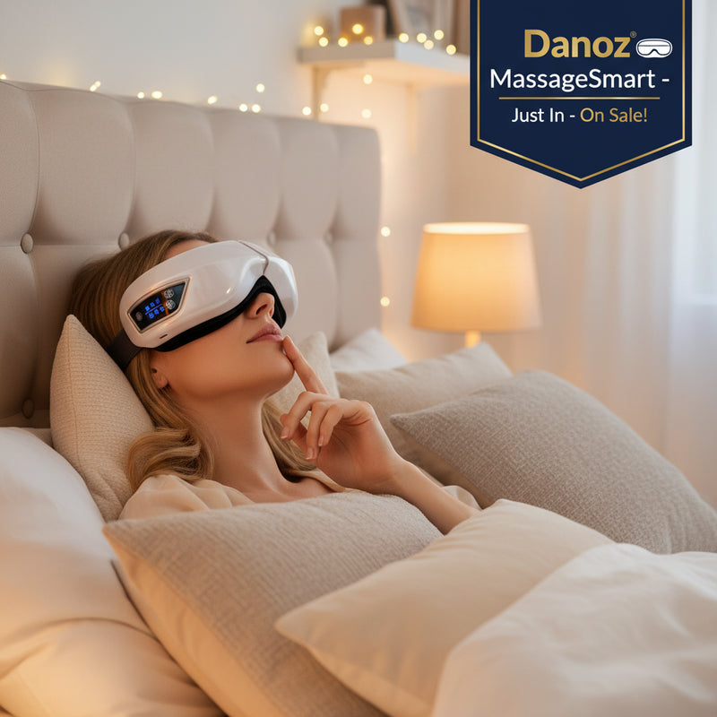 Woman wearing a white and gray eye massager mask with digital display on a white background