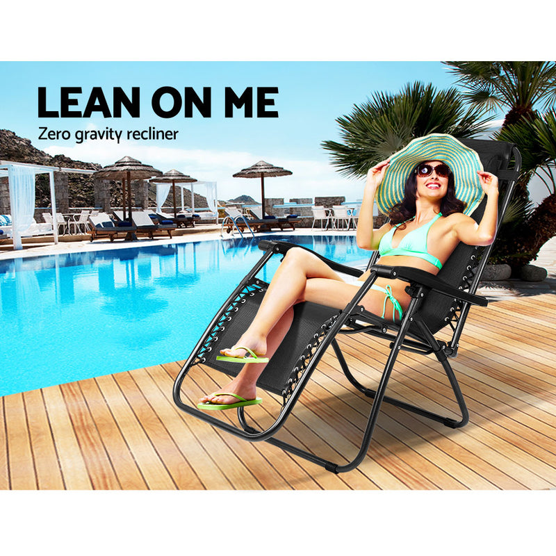 Danoz Direct - Gardeon Zero Gravity Chair Folding Outdoor Recliner Adjustable Sun Lounge Camping Black