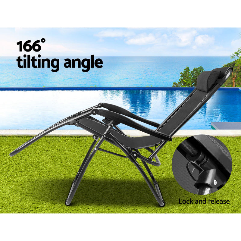 Danoz Direct - Gardeon 2PC Zero Gravity Chair Folding Outdoor Recliner Adjustable Sun Lounge Camping Black